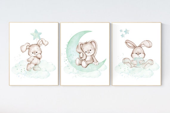 Nursery decor bunny, mint nursery, rabbit nursery decor, mint green nursery, Bunny print nursery, gender neutral nursery, woodland animals