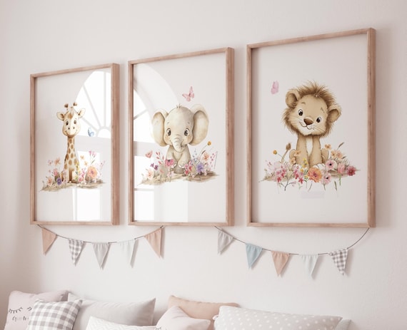 Safari Nursery Wall Art Set of 3, Neutral Baby Animal Prints