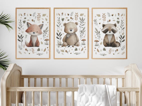 Woodland Nursery Wall Art Set of 3, Fox Bear Raccoon Prints
