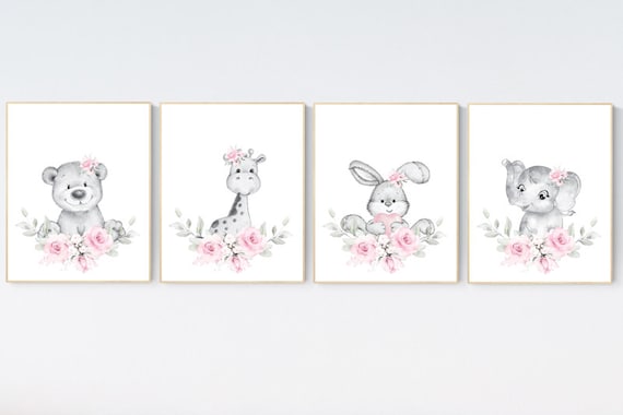 Nursery decor floral jungle, woodland animals, animal nursery prints, elephant, bear, giraffe, bunny, nursery decor girl flowers, pink grey