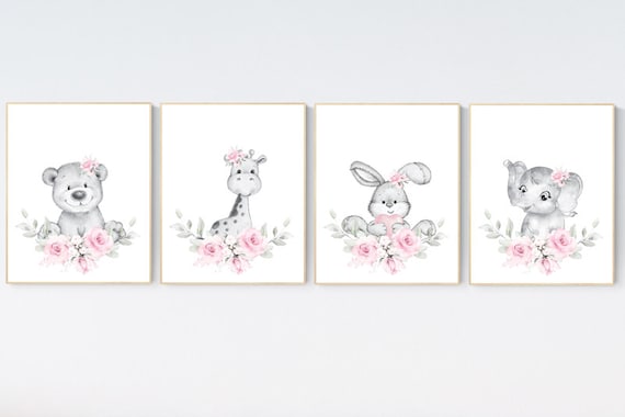 Nursery decor floral jungle, woodland animals, animal nursery prints, elephant, bear, giraffe, bunny, nursery decor girl flowers, pink grey