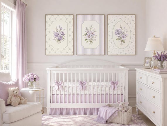 Set of 3 Purple Floral Nursery Prints, Lavender Watercolor Botanical Wall Art