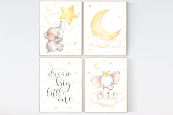 Nursery decor elephant, nursery wall art neutral, dream big little one, baby wall art elephant, baby room decor gender neutral, cloud, star