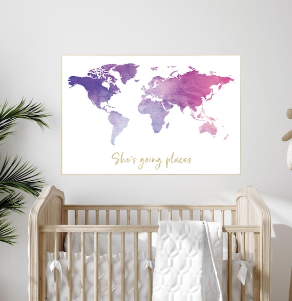 She's going places, World Map poster, world map wall art, nursery wall art, she's going places, pink purple, gold, nursery decor girls