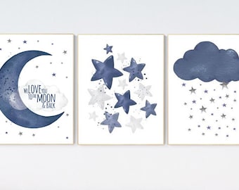 Navy Blue Star Quote Childrens Boys Bedroom Nursery Prints Set Decor Pictures