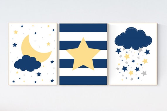 Navy yellow nursery decor, navy nursery, boys room decor, nursery decor boy, cloud nursery, star nursery, boys room wall art, baby boy