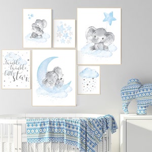 Nursery decor elephant, nursery wall art boy, Blue grey, cloud and stars nursery, elephant nursery art, moon nursery art, baby room wall art