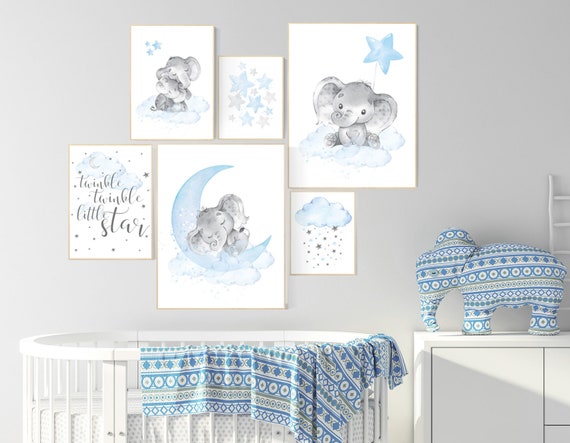 Nursery decor elephant, nursery wall art boy, Blue grey, cloud and stars nursery, elephant nursery art, moon nursery art, baby room wall art