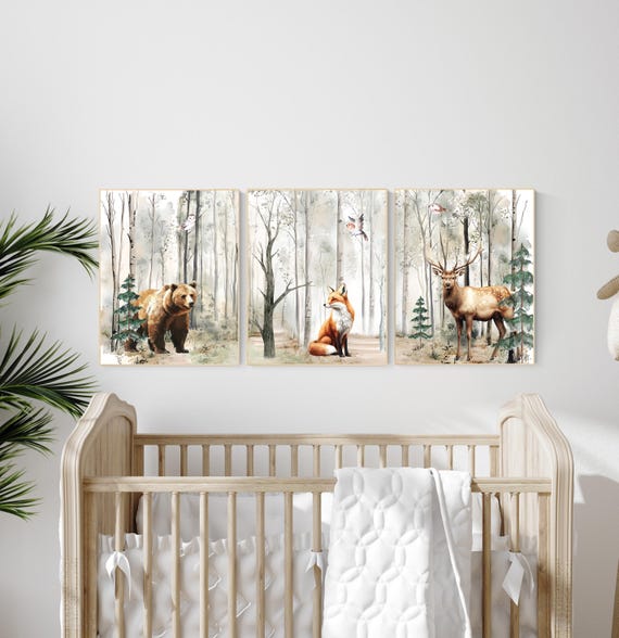 Nursery decor woodland, mountain wall art, tree nursery decor, adventure theme nursery, forest, sage green, beige, woodland animals