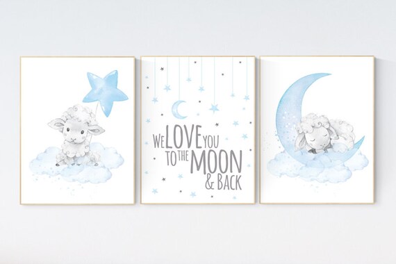 We love you to the moon and back , Nursery decor boy, nursery decor lambs, Sheep nursery decor, nursery wall art sheep, moon and cloud, boy