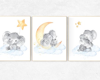 Nursery wall art neutral, nursery wall art elephant, cloud and stars, gender neutral, baby room decor, elephant balloon, baby room wall  art