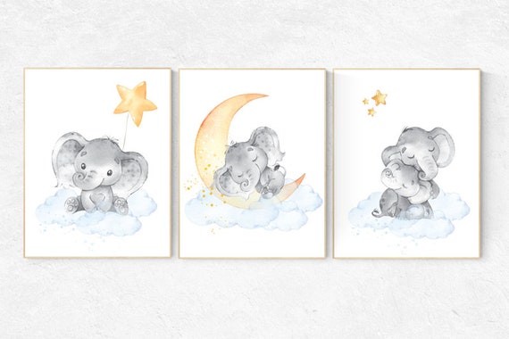 Nursery wall art neutral, nursery wall art elephant, cloud and stars, gender neutral, baby room decor, elephant balloon, baby room wall  art