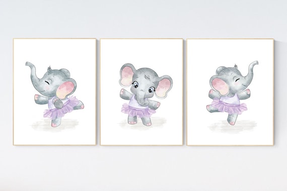 Ballerina elephant, baby room decor girl lavender,, Elephant nursery art, nursery prints girl, nursery print, purple, lilac, ballet theme