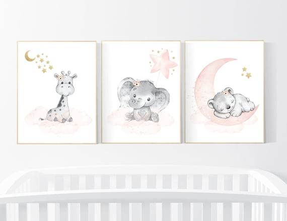 Nursery decor girl animals, blush gold, Animal nursery, nursery decor girl woodland animals, bear, elephant, giraffe, girl nursery ideas