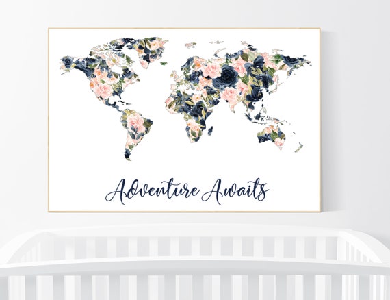 Nursery decor girl floral, map nursery art, world map, girl room decor, girl nursery decor flowers, blush and navy floral, blush navy