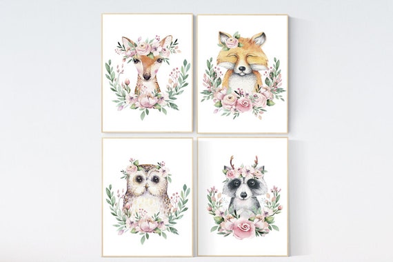 Nursery decor girl woodland, nursery decor floral, boho nursery, baby room decor animals, nursery decor girl floral, girl room decor, gift