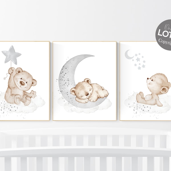 Teddy Bear Nursery Prints, Grey Baby Boy Room Decor