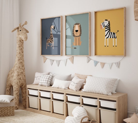 Safari nursery prints, jungle animal wall art, giraffe lion zebra posters, cute safari animal decor, baby room animal illustrations