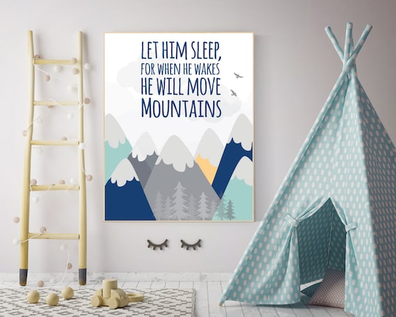 Nursery decor adventure, mountain nursery wall art, woodland, let him sleep for when he wakes, nursery decor neutral, nursery wall decor