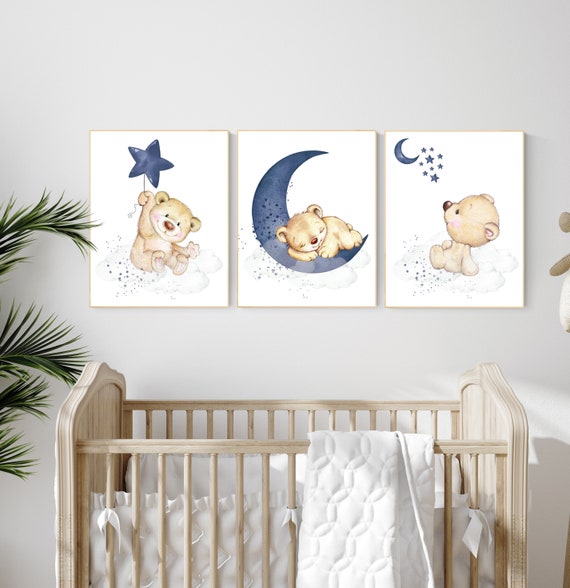 Nursery decor bear, animal nursery prints, navy nursery, navy blue nursery, baby room wall art, woodland animal prints, teddy bear nursery