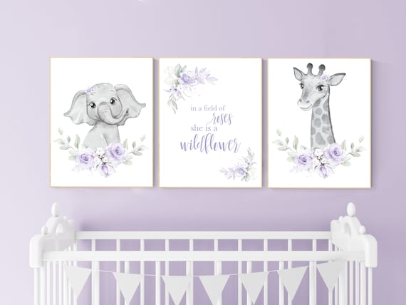 Nursery decor girl boho, Purple nursery, nursery wall art elephant, nursery decor girl, nursery decor girl floral, lilac nursery, lavender