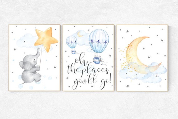 Nursery wall art neutral, nursery decor hot air balloons, gender neutral, Oh the places you'll go, moon and stars nursery, baby room decor