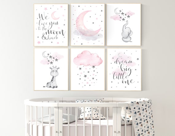 Nursery decor elephant, giraffe nursery, nursery decor girl elephant, girl room wall art, baby nursery wall art, moon and stars print,