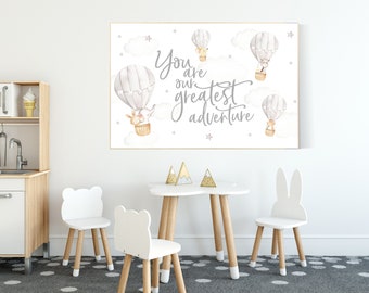 Hot air balloon nursery, Nursery decor neutral, you are our greatest adventure, gender neutral, animal nursery, woodland animals, gray, grey