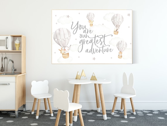 Hot air balloon nursery, Nursery decor neutral, you are our greatest adventure, gender neutral, animal nursery, woodland animals, gray, grey