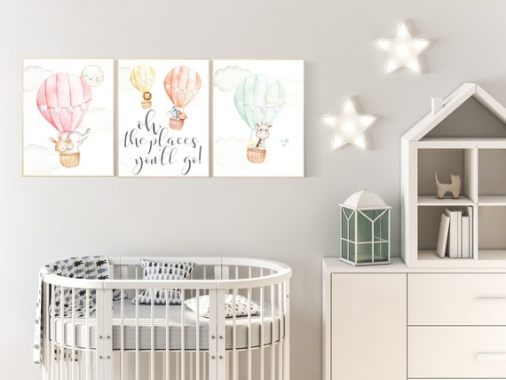 Nursery wall art hot air balloon, animal prints, hot air balloon nursery, gender neutral, nursery prints, animal nursery, adventure theme