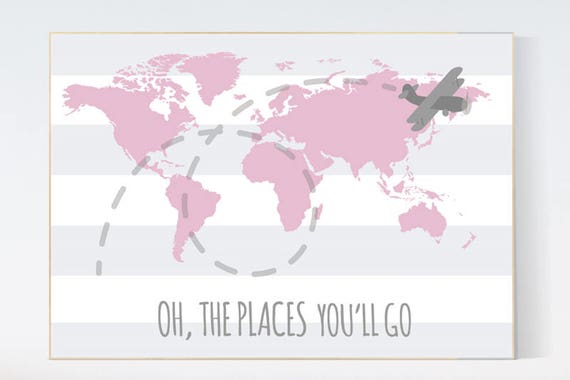 Oh the places you'll go, travel nursery decor, World Map wall art, world map nursery pink nursery decor baby girl nursery nursery decor girl