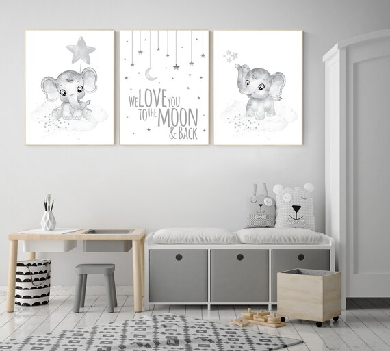 Gender neutral nursery prints, Gray nursery wall art, grey nursery, elephant nursery wall art, moon and stars, twin nursery wall decor