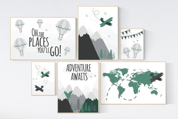 Adventure nursery decor, nursery decor boy adventure, nursery decor boy airplane, world map nursery, adventure awaits, oh the places