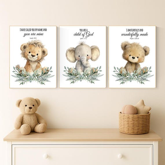 Plush Safari Animal Bible Verse Wall Art – Elephant Giraffe Lion Nursery Prints, Scripture Art, Christian Baby Room Decor Set