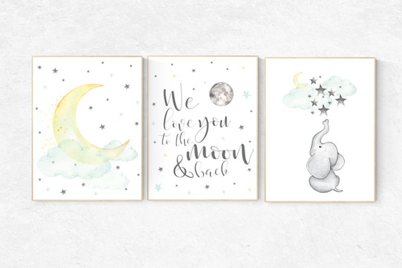 We love you to the moon and back, elephant nursery art, mint yellow nursery, neutral nursery prints, cloud nursery, star nursery decor