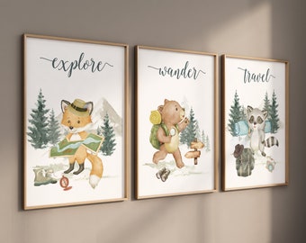Adventure Nursery Prints: Camping Animals Wall Art, Set of 3