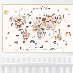 Karte mit Tieren, Weltkarte mit Tieren, Karte mit Tieren, Illustration für das Babyzimmer, Wandbild, Weltkarte, neutrale Farben