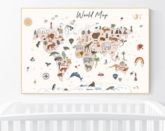 Impresión del mapa del mundo de animales del bosque: decoración neutra para habitación infantil