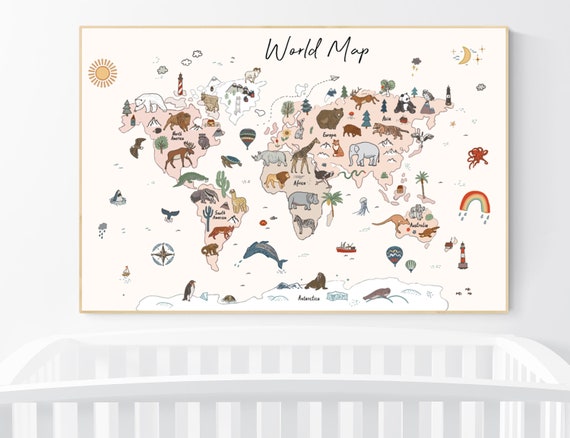 Animal World Map Print, Woodland Animal Nursery Decor, World Map Wall Art, neutral colors, World Map With Animals, gender neutral