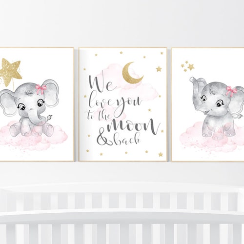 Nursery Wall Art Girl Elephant Pink and Gold Nursery Decor Etsy