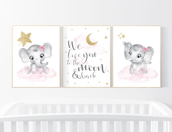Nursery decor girl, elephant nursery print, pink and gold, Nursery wall art girl, we love you to the moon and back, nursery decor girl
