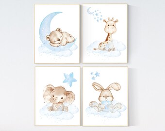 Animal Nursery Art Prints: Baby Blue Elephant, Bear, Bunny, Giraffe