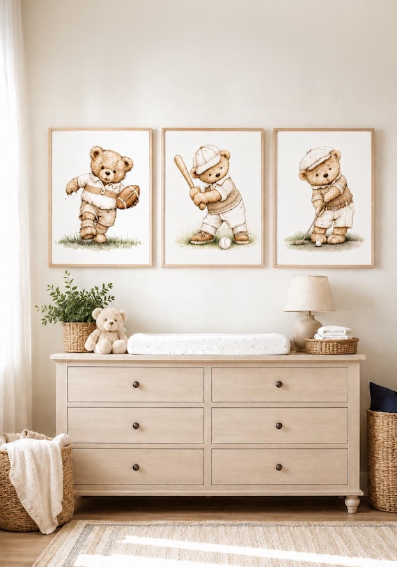 Neutral Sports Bear Nursery Wall Art Set of 3, Baby Boy Sports Print