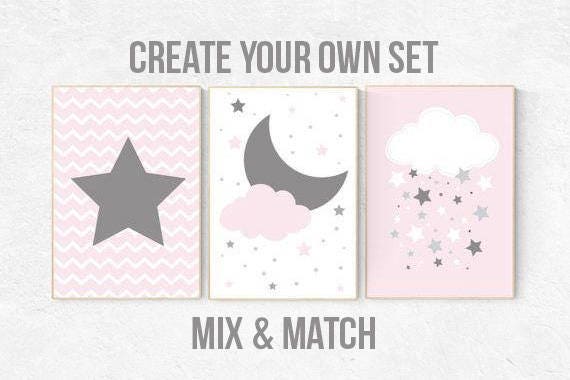 Pink Gray Nursery Art, Baby Girl Nursery Decor, Nursery Print, Baby Girl Pink Nursery Art, set of 3, Baby Girl Wall Art, cloud nursery print