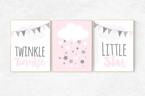 Nursery decor girl pink and gray, twinkle twinkle little star, , girls room decor, cloud and star nursery, pink and silver, pink nursery