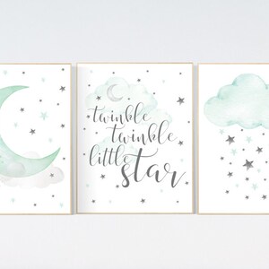 Nursery wall art mint and gray,  nursery decor neutral, unisex nursery, moon and stars nursery, baby shower, nursery prints quotes, twinkle