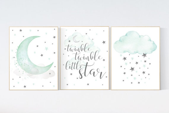 Nursery wall art mint and gray,  nursery decor neutral, unisex nursery, moon and stars nursery, baby shower, nursery prints quotes, twinkle