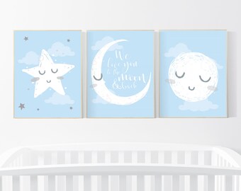 Estampas azuis e cinzas para quarto de bebê: lua, estrelas e decoração para quarto de menino