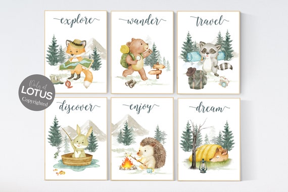 Camping prints, camp animals, woodland animals, gender neutral, Camping nursery, camp nursery, Adventure Nursery Decor, travel nursery