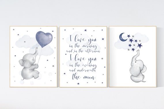 Nursery decor boy navy blue, Nursery wall art boy, navy nursery decor, moon and stars, i love you in the morning and in the afternoon